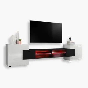 Armoire Merano RTV, blanc/noir, éclairage LED RVB