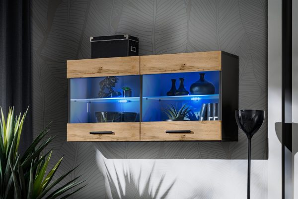 Etagère suspendue Savona, Wotan/Noir Eclairage LED Bleu – Image 2