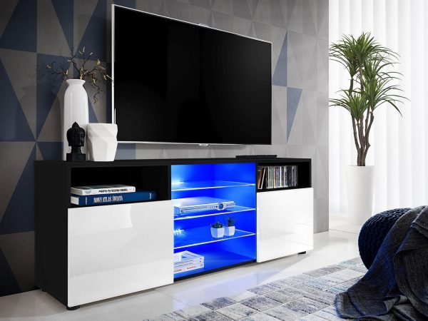 Armoire RTV Urbino, blanc/noir Eclairage LED bleu – Image 2