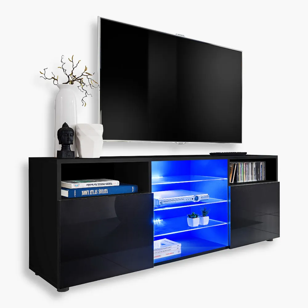 Urbina-Blu-Black-Black-1.webp Armoire RTV Urbino, noir/noir Eclairage LED bleu – Image 1