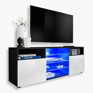 Armoire RTV Urbino, blanc/noir Eclairage LED bleu