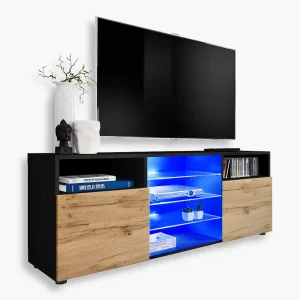 Armoire RTV Urbino, Wotan/Noir Eclairage LED Bleu