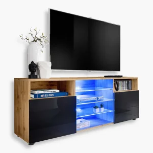 Armoire RTV Urbino, noir/wotan éclairage LED bleu