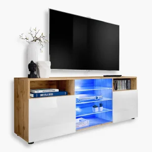 Armoire RTV Urbino, blanc/éclairage LEDotan bleu
