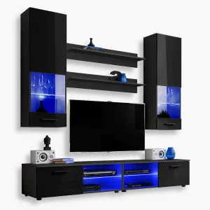 Varallo RTV Ensemble de meubles, noir/noir Éclairage LED bleu