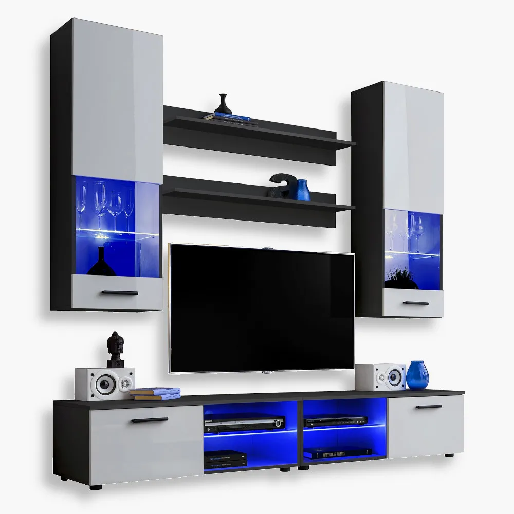 Varallo-Blu-Black-White-1.webp Ensemble de meubles TV Varallo, blanc/noir LED bleu – Image 1