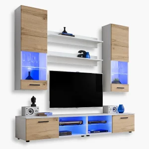 Varallo RTV Furniture Set, Wotan/White LED Lighting Blue
