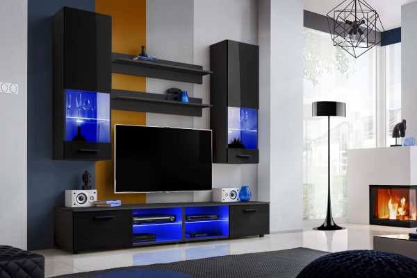 Varallo RTV Ensemble de meubles, noir/noir Éclairage LED bleu – Image 2