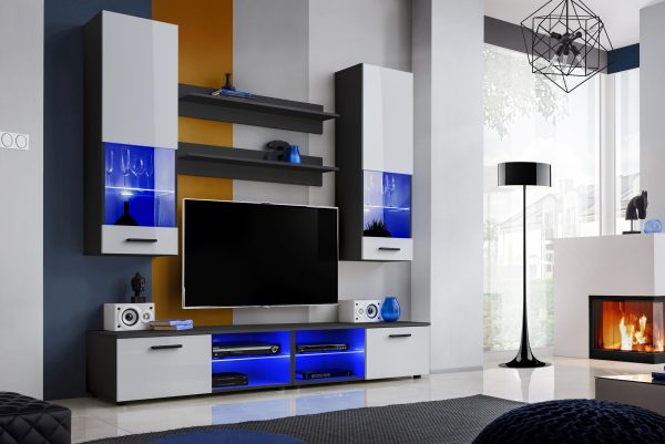 Ensemble de meubles TV Varallo,  blanc/noir LED bleu – Image 2