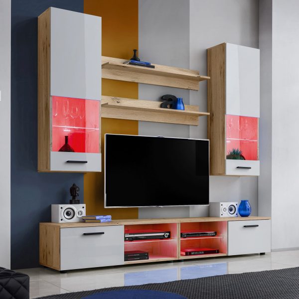 Ensembles de Meubles TV Varallo, Blanc/Wotan, LED RVB – Image 2