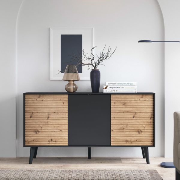 Saskatoon K154 – commode, noir, chêne artisanal, largeur 154 cm, hauteur 83 cm, profondeur 39 cm – Image 3