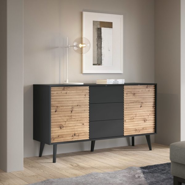 Saskatoon KSZ154 – commode à deux portes, noir, chêne artisanal, largeur 154 cm, hauteur 83 cm, profondeur 39 cm – Image 3