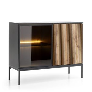 Laval K104 LED – commode à trois portes avec éclairage, noir, chêne wotan, largeur 104 cm, hauteur 83 cm, profondeur 39 cm