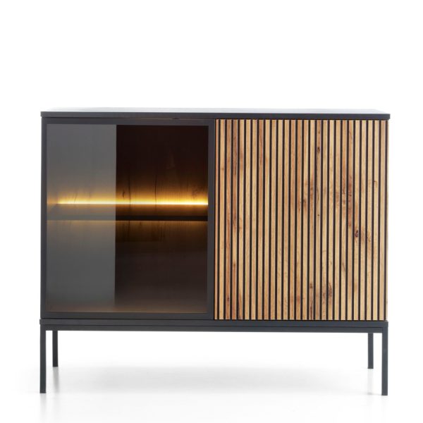 Laval K104 LED – commode à trois portes avec éclairage, noir, chêne wotan, largeur 104 cm, hauteur 83 cm, profondeur 39 cm – Image 2