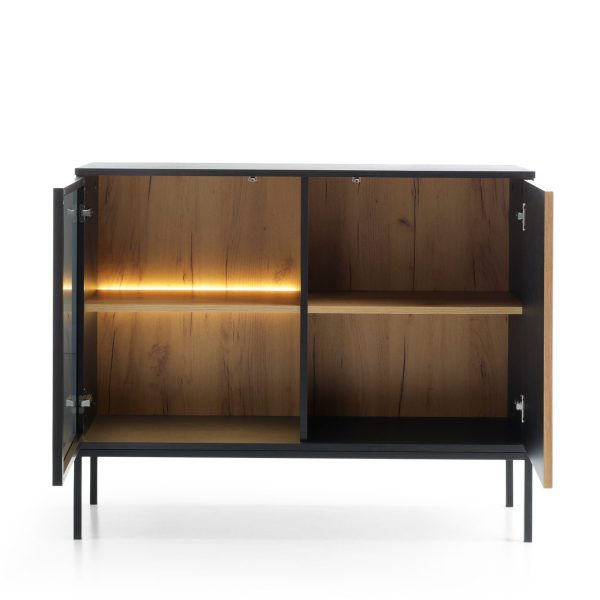 Laval K104 LED – commode à trois portes avec éclairage, noir, chêne wotan, largeur 104 cm, hauteur 83 cm, profondeur 39 cm – Image 4