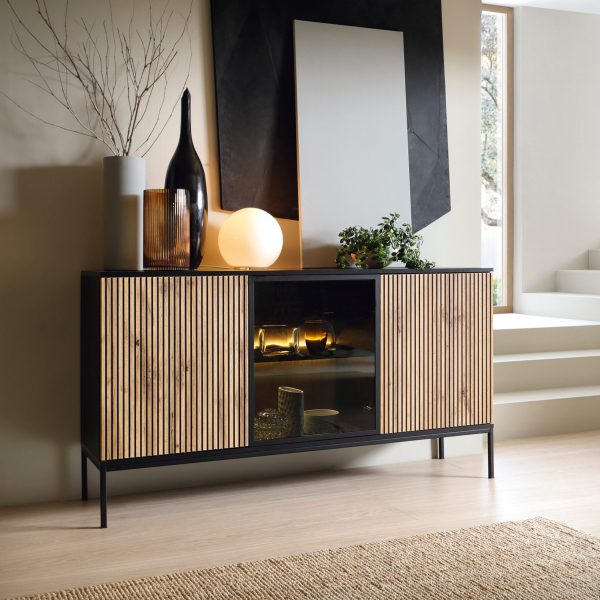 Laval K154 – commode, chêne wotan, noir avec lattes, largeur 154 cm, hauteur 83 cm, profondeur 39 cm – Image 3