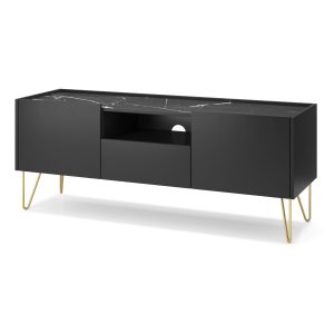 Meuble TV Canmore 144 cm – noir graphite, marbre noir – largeur 144 cm, hauteur 55 cm, profondeur 37 cm