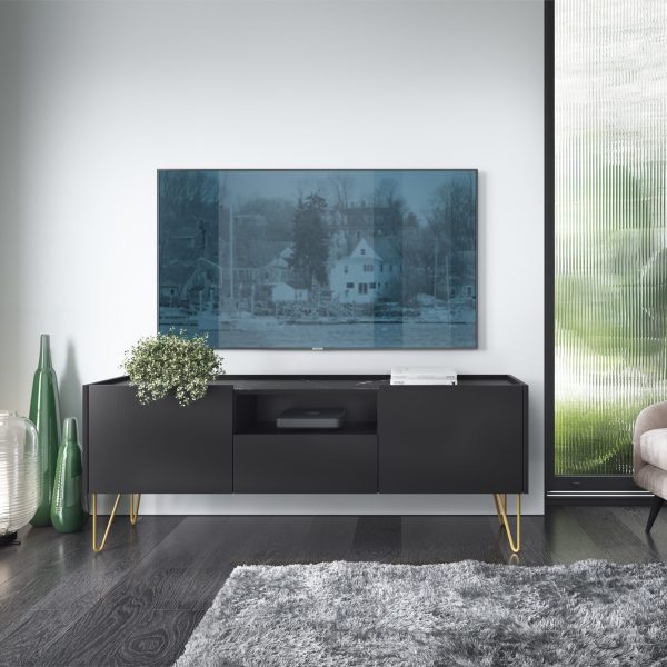 Meuble TV Canmore 144 cm – noir graphite, marbre noir – largeur 144 cm, hauteur 55 cm, profondeur 37 cm – Image 3