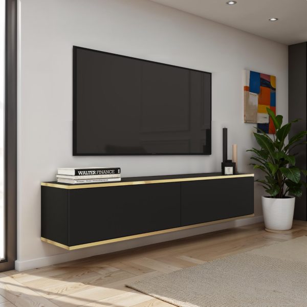 Banff RTV135 – Meuble TV, façade lisse noire, chêne artisanal, largeur 135 cm, hauteur 30 cm, profondeur 32 cm – Image 2