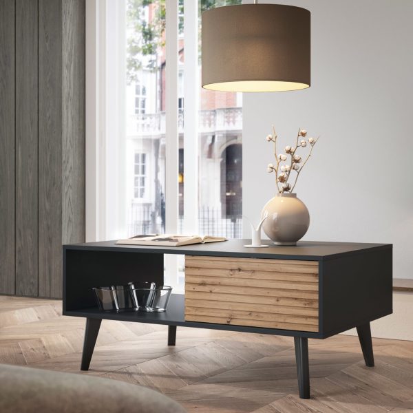 Saskatoon L104 – banc, noir, chêne artisanal, largeur 104 cm, hauteur 48 cm, profondeur 68 cm – Image 3