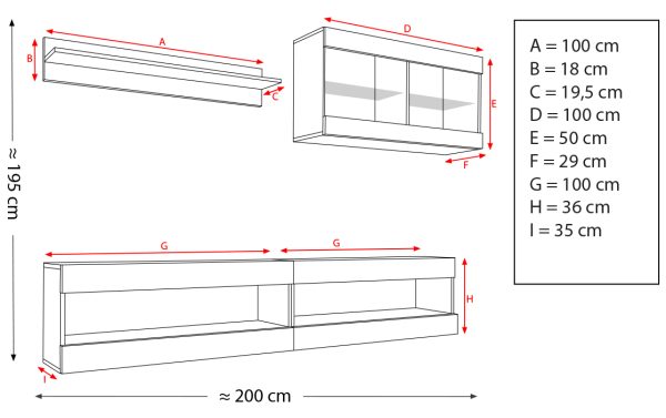  Set, Meubles, Tivoli SET6, Noir/Noir,  Largeur 200cm x Hauteur 195cm x Profondeur 35cm, LED Bleu, pour Salon,  Chambre à coucher – Image 2