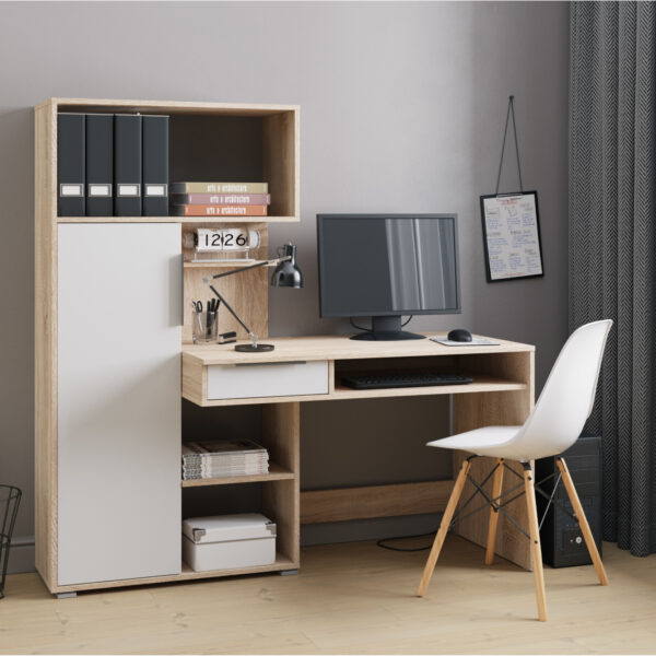 Bureau KLEPP - Spacieux - Tiroir - Chêne Sonoma - Blanc - Largeur 150 cm, Hauteur 149 cm, Profondeur 92 cm – Image 2