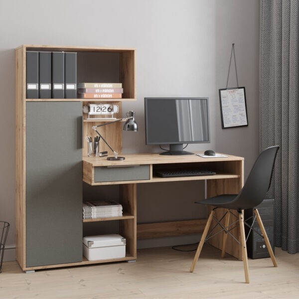 Bureau KLEPP - Spacieux - Tiroir - Chêne Wotan - Gris - Largeur 150 cm, Hauteur 149 cm, Profondeur 92 cm – Image 2