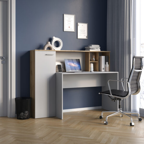 Bureau FAUSKE - Spacieux - Avec armoire - Chêne Wotan - Blanc - Largeur 153 cm, Hauteur 116 cm, Profondeur 54 cm – Image 2