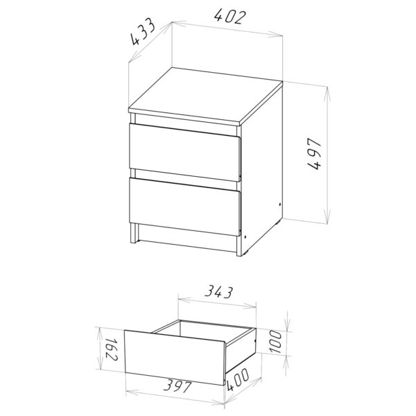 Commode SOLA - Gris - 2 Tiroirs - Largeur 40 cm, Hauteur 50 cm, Profondeur 43 cm – Image 3