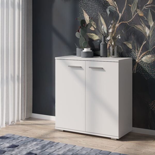 Commode FAUSKE - Spacieux - 2 Portes - Blanc - Largeur 69 cm, Hauteur 74 cm, Profondeur 34 cm – Image 2