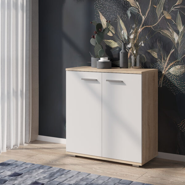 Commode FAUSKE - Spacieuse - 2 Portes - Chêne Sonoma - Blanc - Largeur 69 cm, Hauteur 74 cm, Profondeur 34 cm – Image 2