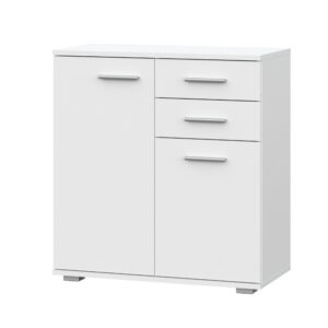 Commode FAUSKE - 2 Tiroirs - 2 Portes - Blanc - Largeur 69 cm, Hauteur 74 cm, Profondeur 34 cm