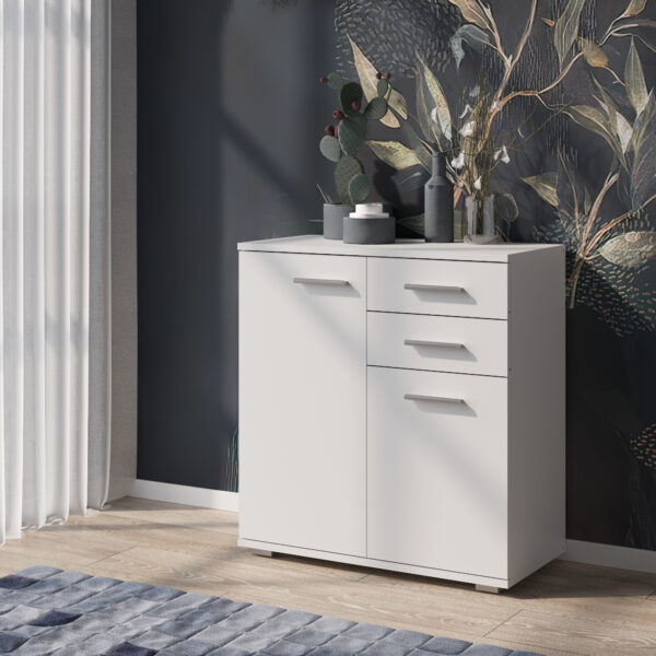 Commode FAUSKE - 2 Tiroirs - 2 Portes - Blanc - Largeur 69 cm, Hauteur 74 cm, Profondeur 34 cm – Image 2