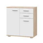 Commode FAUSKE - 2 Tiroirs - 2 Portes - Chêne Sonoma - Blanc - Largeur 69 cm, Hauteur 74 cm, Profondeur 34 cm