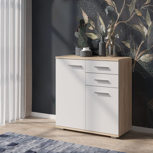 Commode FAUSKE - 2 Tiroirs - 2 Portes - Chêne Sonoma - Blanc - Largeur 69 cm, Hauteur 74 cm, Profondeur 34 cm – Image 2
