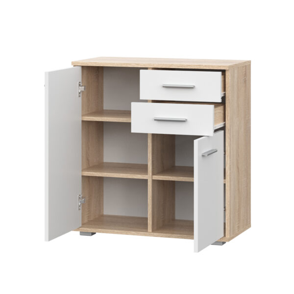 Commode FAUSKE - 2 Tiroirs - 2 Portes - Chêne Sonoma - Blanc - Largeur 69 cm, Hauteur 74 cm, Profondeur 34 cm – Image 4
