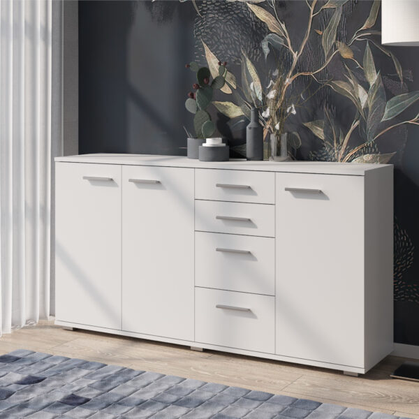 Commode FAUSKE - 4 Tiroirs - 3 Portes - Blanc - Largeur 138 cm, Hauteur 74 cm, Profondeur 34 cm – Image 2