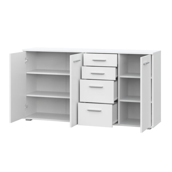 Commode FAUSKE - 4 Tiroirs - 3 Portes - Blanc - Largeur 138 cm, Hauteur 74 cm, Profondeur 34 cm – Image 4