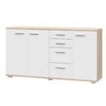 Commode FAUSKE - 4 Tiroirs - 3 Portes - Chêne Sonoma - Blanc - Largeur 138 cm, Hauteur 74 cm, Profondeur 34 cm