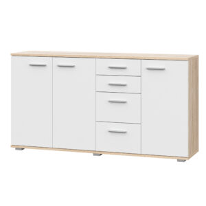 Commode FAUSKE - 4 Tiroirs - 3 Portes - Chêne Sonoma - Blanc - Largeur 138 cm, Hauteur 74 cm, Profondeur 34 cm