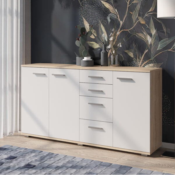 Commode FAUSKE - 4 Tiroirs - 3 Portes - Chêne Sonoma - Blanc - Largeur 138 cm, Hauteur 74 cm, Profondeur 34 cm – Image 2