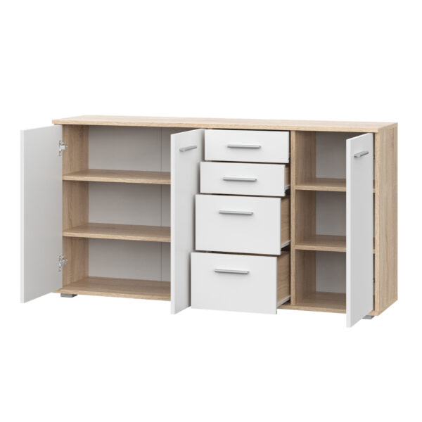 Commode FAUSKE - 4 Tiroirs - 3 Portes - Chêne Sonoma - Blanc - Largeur 138 cm, Hauteur 74 cm, Profondeur 34 cm – Image 4