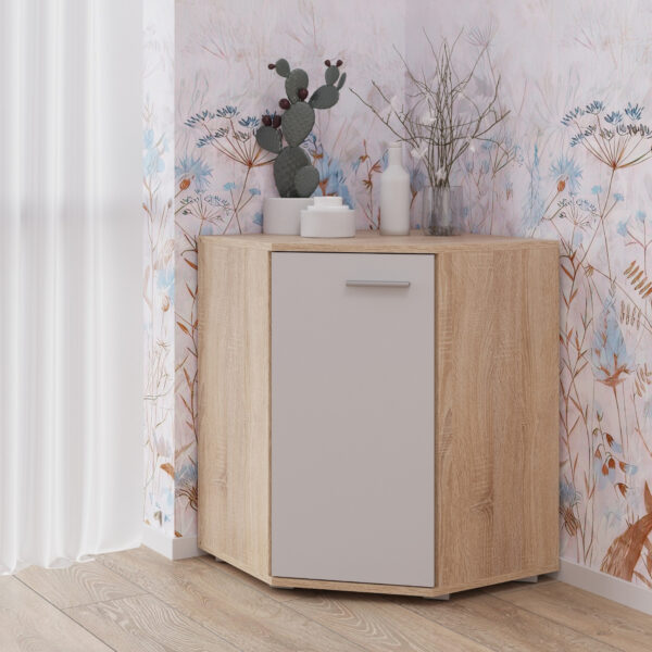 Commode FAUSKE - Spacieuse - d'angle - Chêne Sonoma - Blanc - Largeur 138 cm, Hauteur 74 cm, Profondeur 34 cm – Image 2