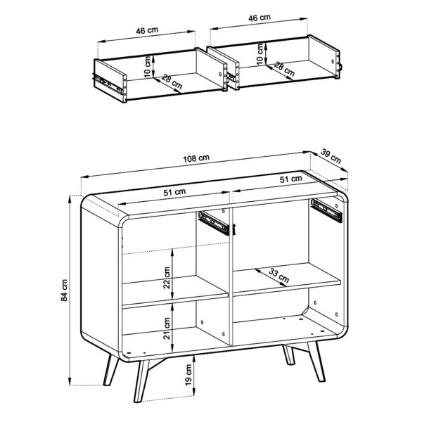 Commode Cornwall KSZ108 – Chêne – Arrondie – 2 Tiroirs – Largeur 108 cm, Hauteur 84 cm, Profondeur 39 cm – Image 3