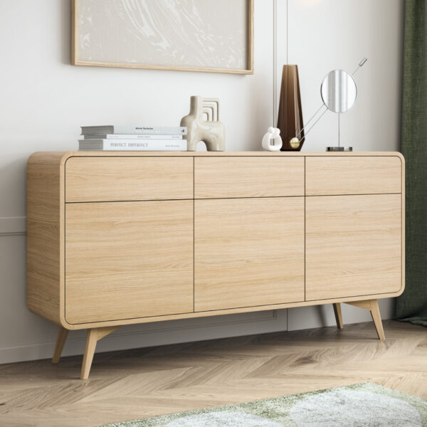 Commode Cornwall KSZ160 – Chêne – Arrondie – 3 Tiroirs – Largeur 160 cm, Hauteur 84 cm, Profondeur 39 cm – Image 2