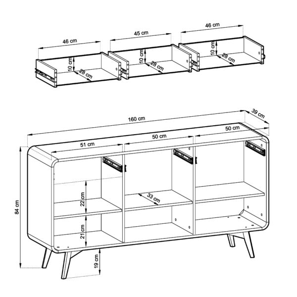Commode Cornwall KSZ160 – Chêne – Arrondie – 3 Tiroirs – Largeur 160 cm, Hauteur 84 cm, Profondeur 39 cm – Image 3