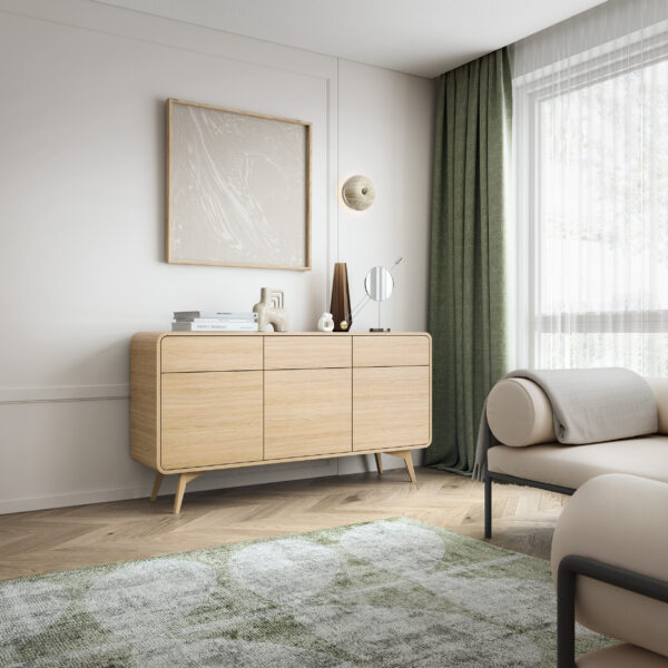 Commode Cornwall KSZ160 – Chêne – Arrondie – 3 Tiroirs – Largeur 160 cm, Hauteur 84 cm, Profondeur 39 cm – Image 6
