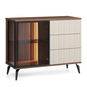 Commode Dawson KSZ103 – Noyer – Cachemire – Vitrée – Éclairage LED – Largeur 103 cm, Hauteur 80 cm, Profondeur 39 cm