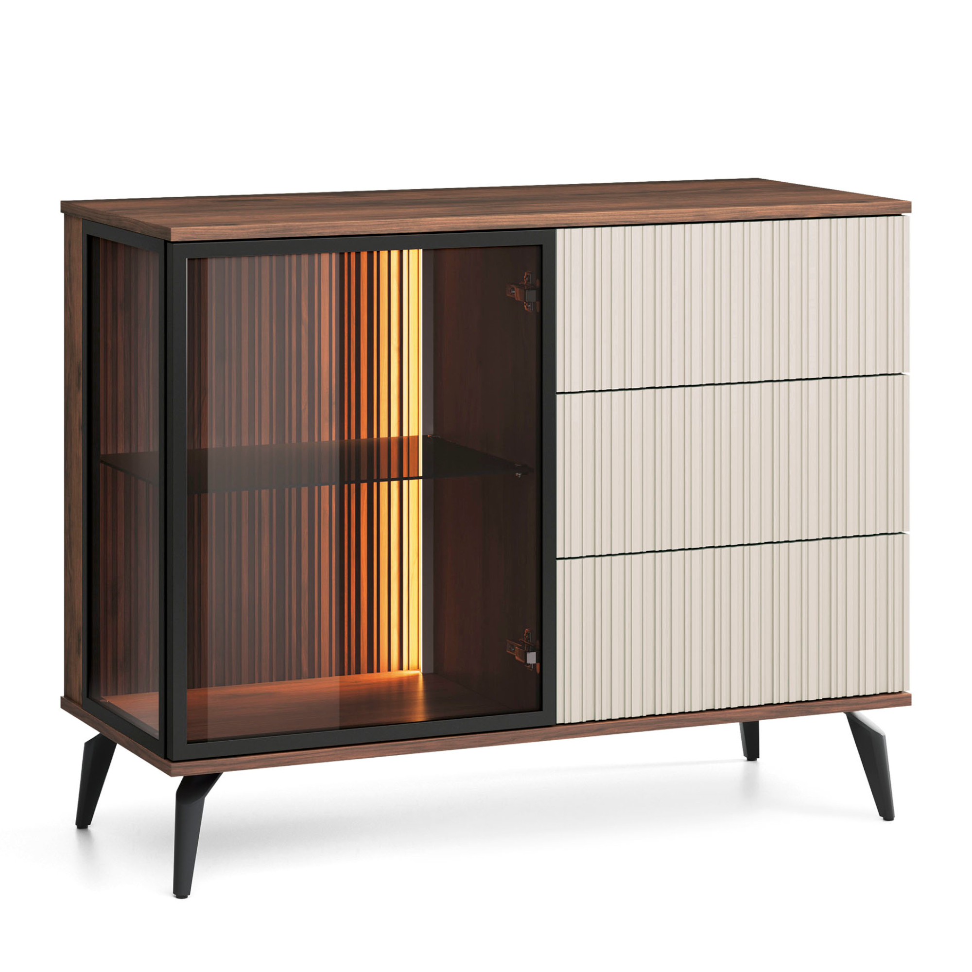 XMEBSKRKOMPI05001103_00-2.jpg Commode Dawson KSZ103 – Noyer – Cachemire – Vitrée – Éclairage LED – Largeur 103 cm, Hauteur 80 cm, Profondeur 39 cm – Image 1