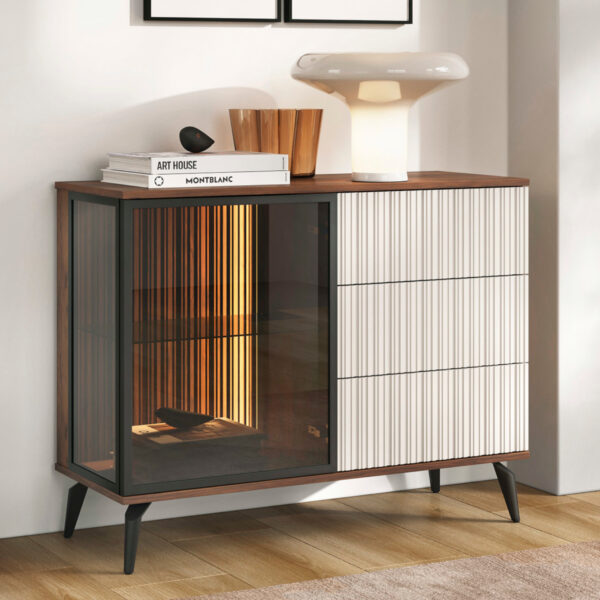 Commode Dawson KSZ103 – Noyer – Cachemire – Vitrée – Éclairage LED – Largeur 103 cm, Hauteur 80 cm, Profondeur 39 cm – Image 2